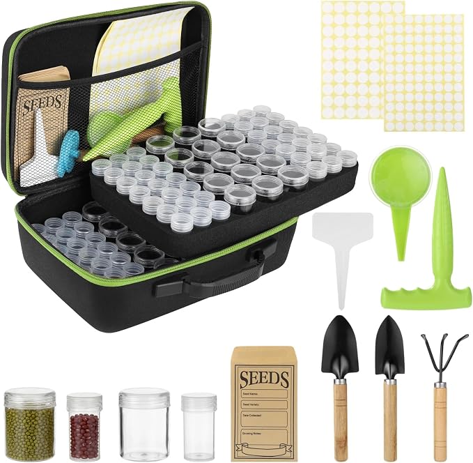 114 Slots Seed Storage Organizer Kit, Waterproof Portable Seed Box with Envelopes, Funnel, Shovels, Tweezers, Labels, Garden Saver Kit for Flower, Vegetable, Plant, Green