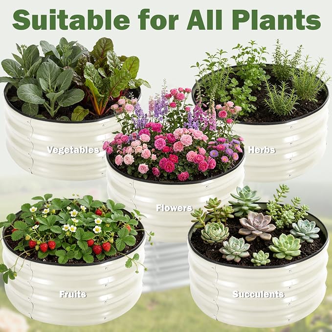 3 PCS Round Raised Garden Bed 2x2x1 ft, Metal Outdoor Planter Box Kit with Safety Rubber Edge, Easy Assemble Bottomless Small Planting Container for Vegetable, Flower, Fruit, White