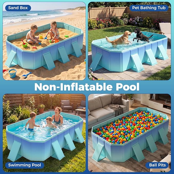 Goplus Foldable Non-Inflatable Swimming Pool, Portable Rectangle Around Ground Pool with 24 Hard Shell, Drain Hose, Outdoor Collapsible Kiddie Pool for Backyard Garden (Mint Green,88x50 in)