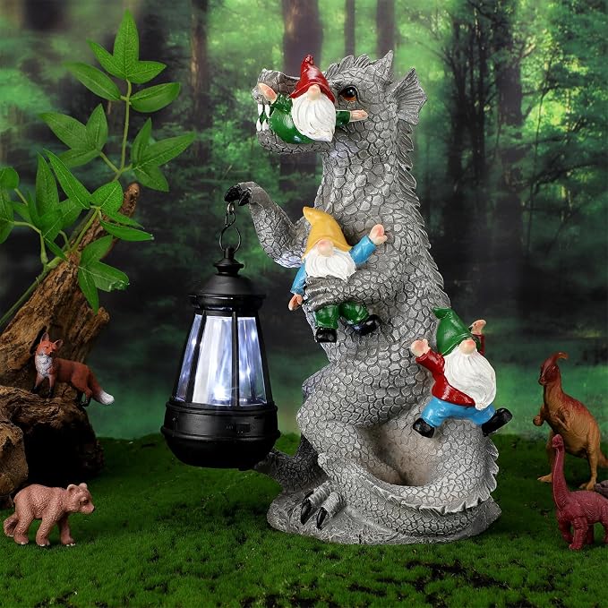 Garden Statue Decor with Solar Lantern Dinosaur Eating Gnomes Garden Statues Outdoor Decor 12” Dinosaur Gnomes Garden Statues Gnomes Statues Gardening Gift for Outdoor Patio Yard Decoration