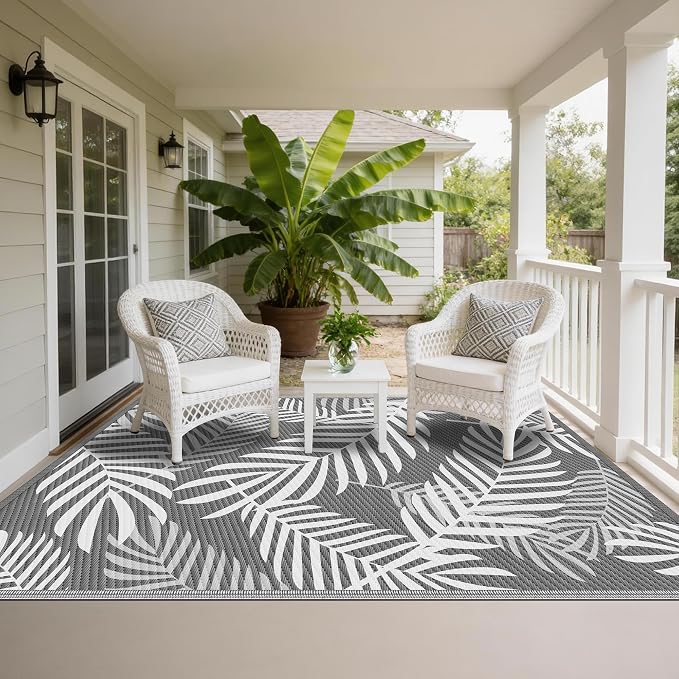 Kohree Outdoor Rug Waterproof 8x10, Reversible Outdoor Plastic Straw Rug with Leaf Pattern, Easy-Cleaning RV Mat Carpet for for Patio, Camping, Balcony, Deck, Backyard, Grey & White