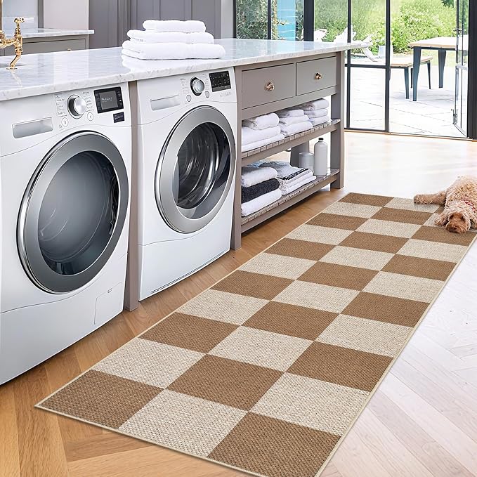 GarveeHome Easy Jute Rugs 2x8 Checkered Kitchen Runner Rugs Non Skid Washable Stain Resistant Indoor Outdoor Rugs for Living Room, Bedroom, Dining, Patio - Farmhouse Style Brown