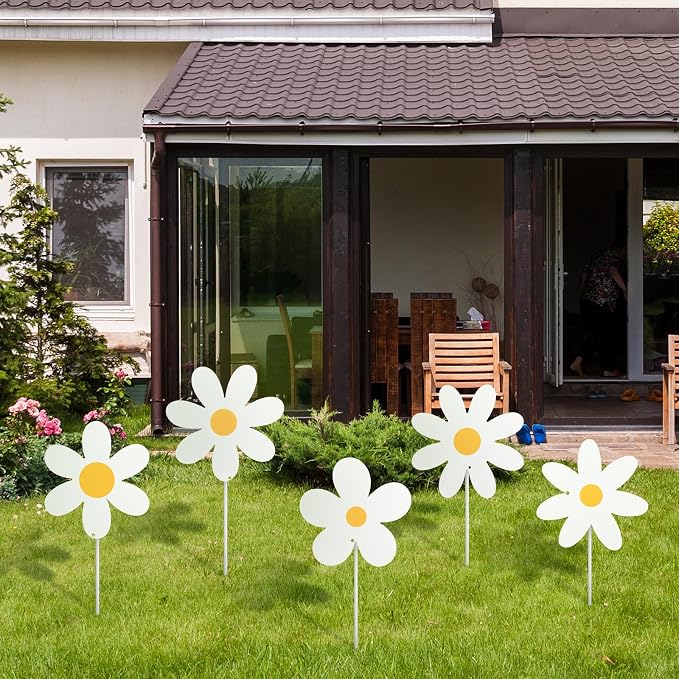 5 Pcs Daisy Yard Decorations Outdoor Metal Summer Daisy Yard Signs with Stakes Groovy Boho Flower Decorative Lawn Signs for Indoor Outdoor Garden Pathway Walkway Summer Holiday Party Decor