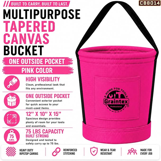 Graintex Tapered Canvas Bucket 12"x10"x15", Utility Tool Bucket One Inside Pocket, Reinforced Base & Carry Handle, Ripstop Canvas