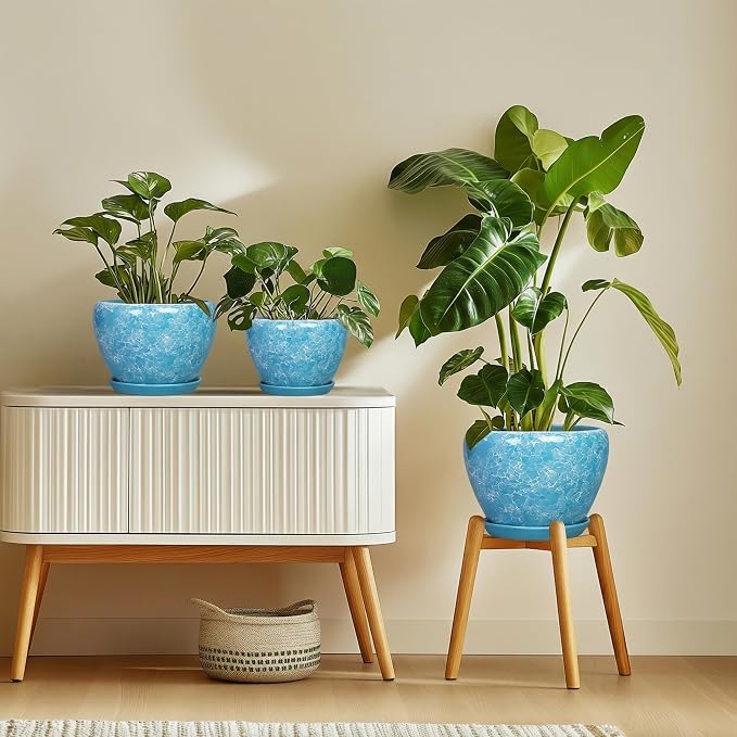8 Inch Ceramic Planters, Bubble Blue | Drainage Hole and Saucer, Indoor Outdoor, Round Flower Pot, Decorative