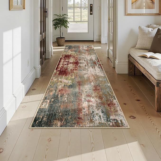 RELEANY Washable Runner 2'6"x10' Abstract Area Rug for Hallway Rustic Brown | Carpet for Kitchen, Entryway, Bathroom, Living Room, Bedroom, Printed Pattern, Non‑Slip, Soft, Stain‑Resistant, Easy to Clean