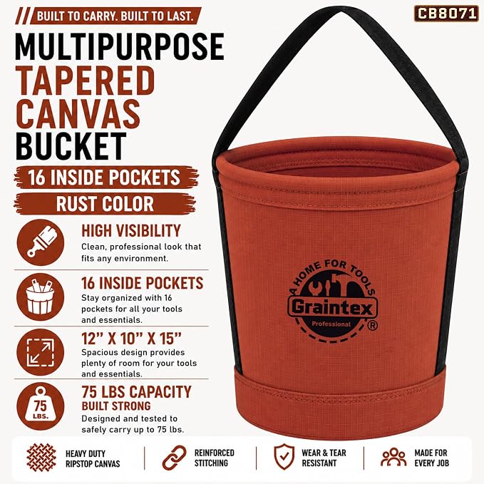 Graintex Canvas Utility Bucket 12"x10"x15". Tapered Tool Bucket, Reinforced Base & Carry Handle, Ripstop Canvas, Multi-Purpose Bag for Jobsite, Gardening, Home Use - Rust