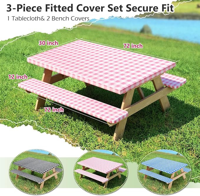 Picnic Table Cover with Bench Covers and Bag, Camping Table Camping Essentials Cover with Elastic Edges(Pink)
