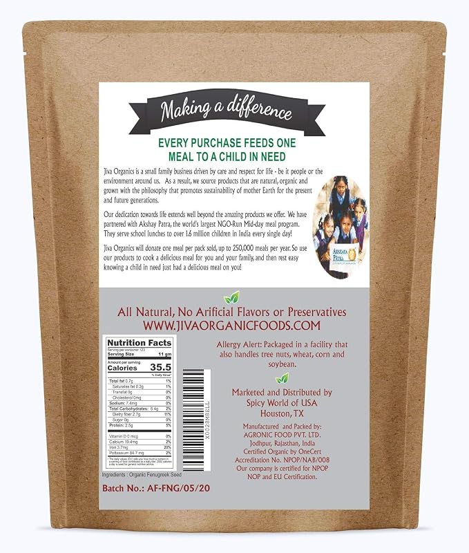 Jiva Organic Fenugreek Seeds 2.5 LB Bulk - Non-GMO, Gluten Free, Non Irradiated Whole Methi Seeds (Fenogreco En Semillas)
