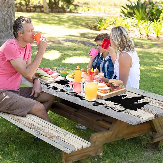 Picnic Table Cover with Bench Covers Elastic Edges, Wood Camper Fitted Table Cover, Outdoor Camping Essentials 72 Inch 3PCS, Waterproof Camping Fitted Tablecloth with Drawstring Bag