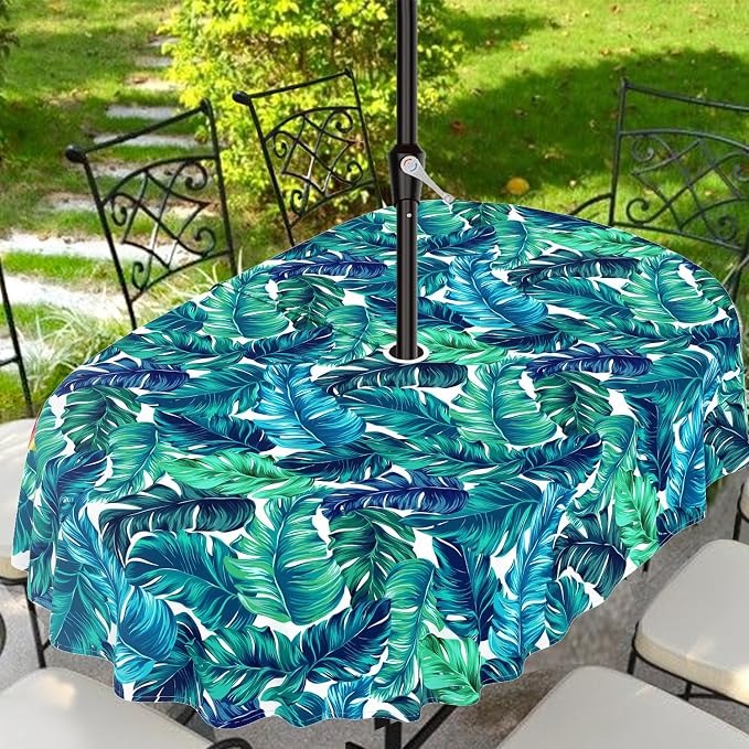 Outdoor Tablecloth with Umbrella Hole and Zipper, Oval Patio Table Covers for Spring/Summer, Machine Washable Outdoor Picnic Table Cloth (Palm Leaves, 60" × 102" Oval)