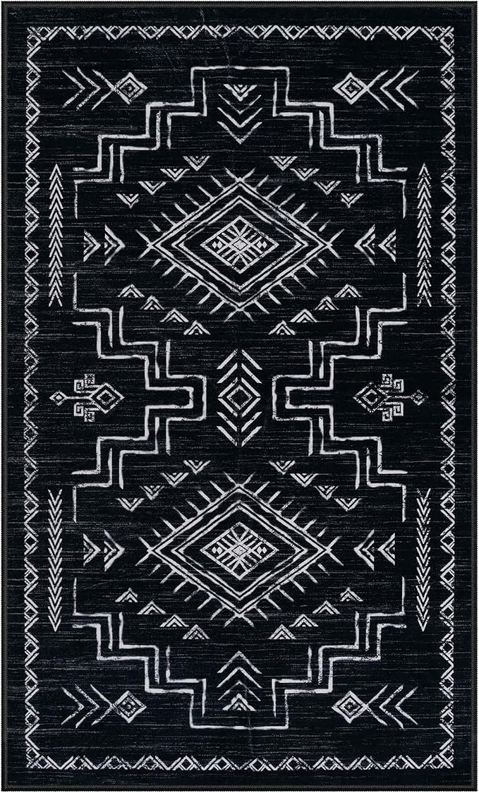 STARUIA 3x5 Washable Area Rug Western, Non-Slip Small Entryway Rug Black Aztec Tribal Classic Boys Rug for Bedroom Living Room Low-Pile Carpet for Indoor Kitchen Bathroom(Black 3'x5')