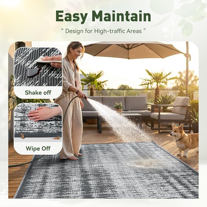 MontVoo Outdoor Rug Waterproof 6x9 ft Outdoor Carpet Patio Rug Mat Reversible RV Camping Rug Plastic Straw Outside Rug for Balcony Porch Deck Picnic Beach Modern Grey