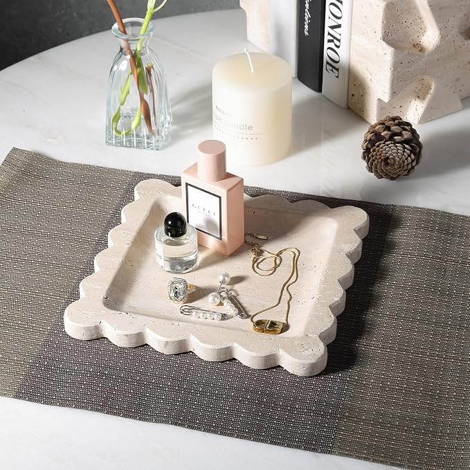 Travertine Decorative Tray, 7.8in Marble Scallop Edge Tray, Square Bathroom Trays for Jewelry Perfume, Vanity, Coffee Table, Beige Stone Trinket Dish for Woman, Dresser Décor Gift