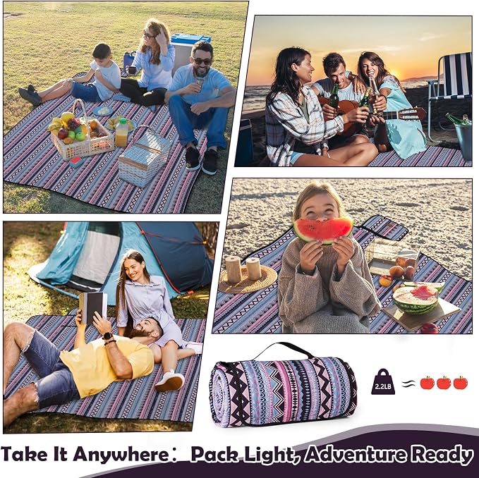 Picnic Blankets Waterproof, Extra Large Picnic Mat 79"X79", Sandproof Washable Camping Beach Blanket, Camping Accessories for Outdoor Activities, Bohemia