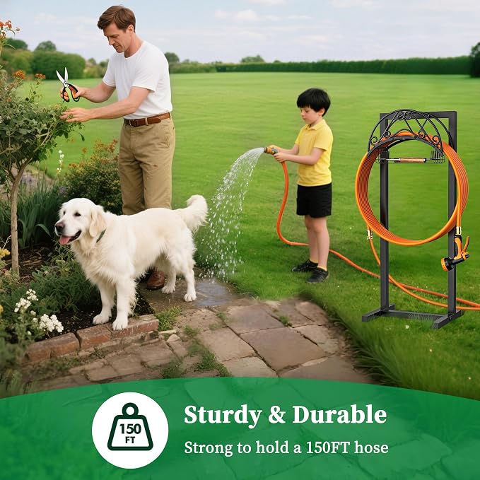 Garden Hose Holder - Upgraded Water Hose Holder Holds 150FT Hose, Heavy Duty Metal Hose Stand, Detachable Hose Storage Rack for Lawn & Yard