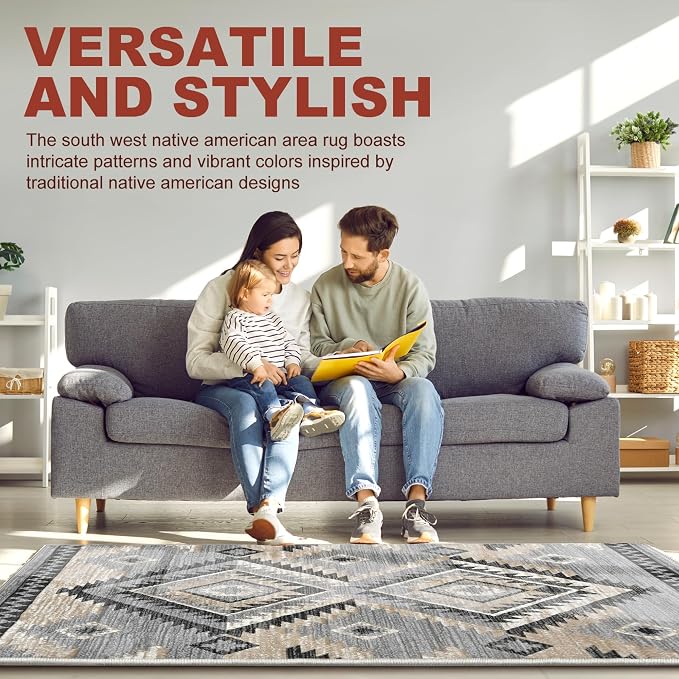 YHSF South West Native Tribal American Rug Ritz - Light Grey, 2 ft x 3 ft | Native American Indian Inspired Rug - Living Room, Bedroom, Hallway, Entryway & High-Traffic Area Rugs - Washable - Soft