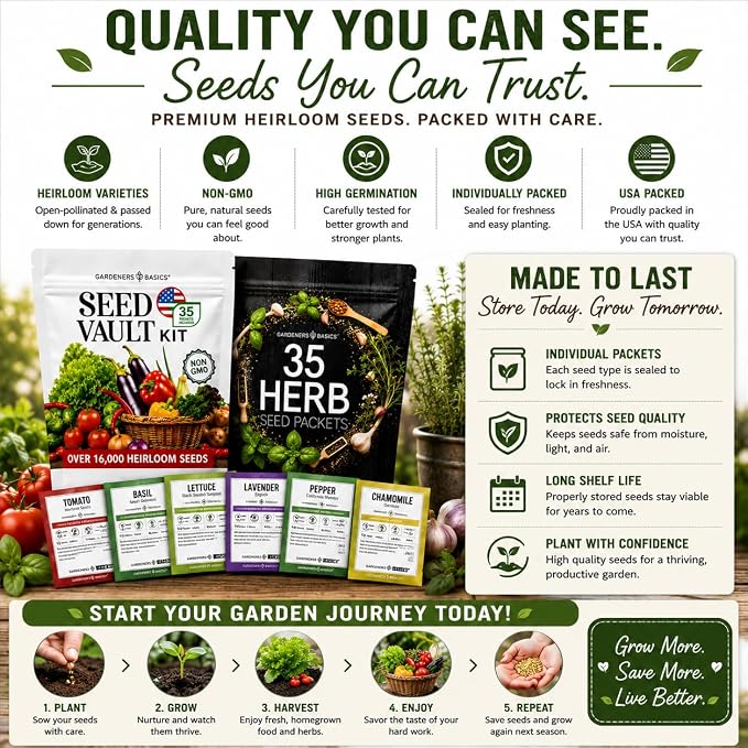 Gardeners Basics Seed Vault + Medicinal Herb Seed Bundle | 70 Heirloom Vegetable & Herb Varieties | 35,000+ Non-GMO Heirloom Seeds for Gardening, Homesteading & Prepping