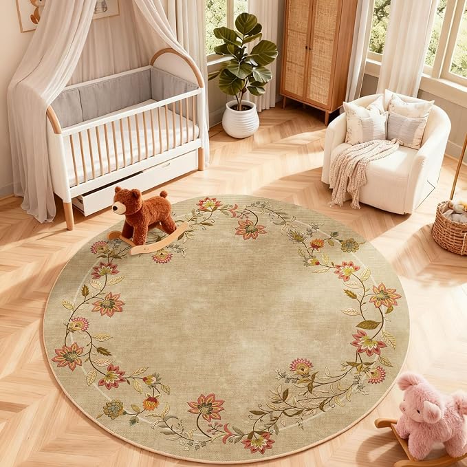 Washable Bedroom Round Rug 4ft: Living Room Circle Rug Stain Resistant Non Slip Low Pile Soft Faux Wool Small Area Rugs for Bedroom Kitchen Bathroom Entryway Kids Room Entrance Nursery Dorm Office