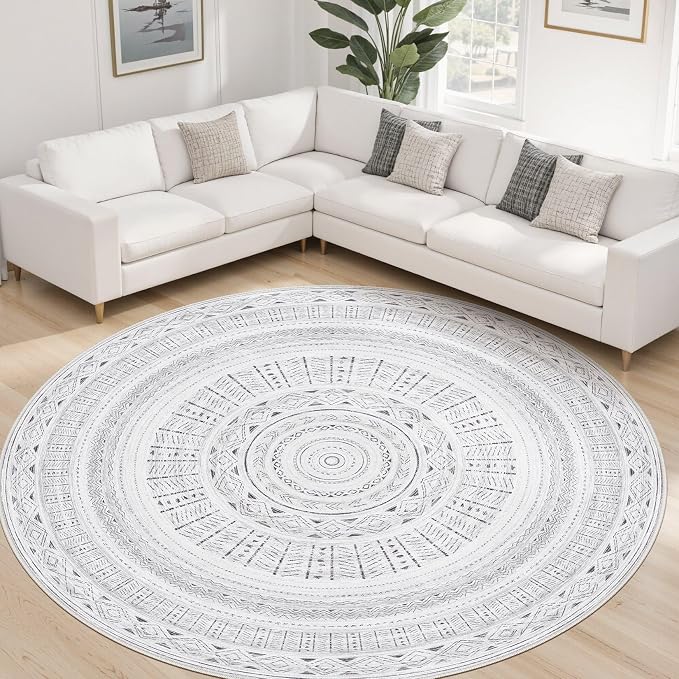 cotiled 8x8 Round Rug 8ft Circle Living Room Boho Area Rugs | Solve Modern Neutral Trendy Home Decor - Washable Foldable Indoor Carpet for Bedroom Home Office Dark Grey