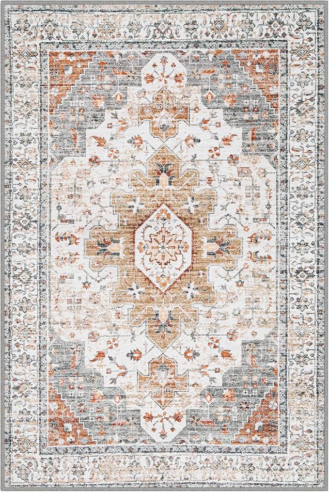 Moynesa Ultra-Thin Washable Entryway Rug 2x3 Rug, Small Kitchen Rugs for Entryway Indoor Non Slip, Vintage Throw Mat for Front Door Entrance Bathroom Laundry Room, Beige/Gold