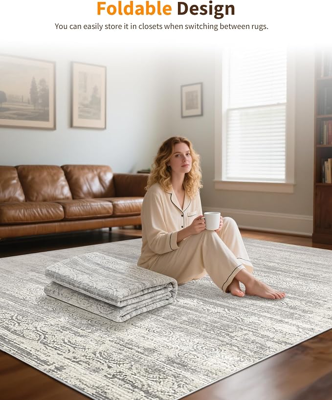 Miukiki 9x12 Area Rug for Living Room, Washable Non Slip Moroccan Rug Grey | Large Soft Rug for Kitchen Bedroom Dining Room Office, Low Pile Indoor Floor Carpet Home Decor 9'x12'
