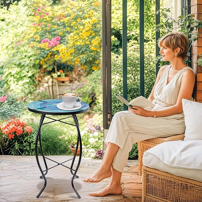 MUMTOP Outdoor End Tables for Patio, The Milky Way Small Round Side Table, Glass Accent Table for Outside, Garden, Balcony, Porch, Indoor Home Decor