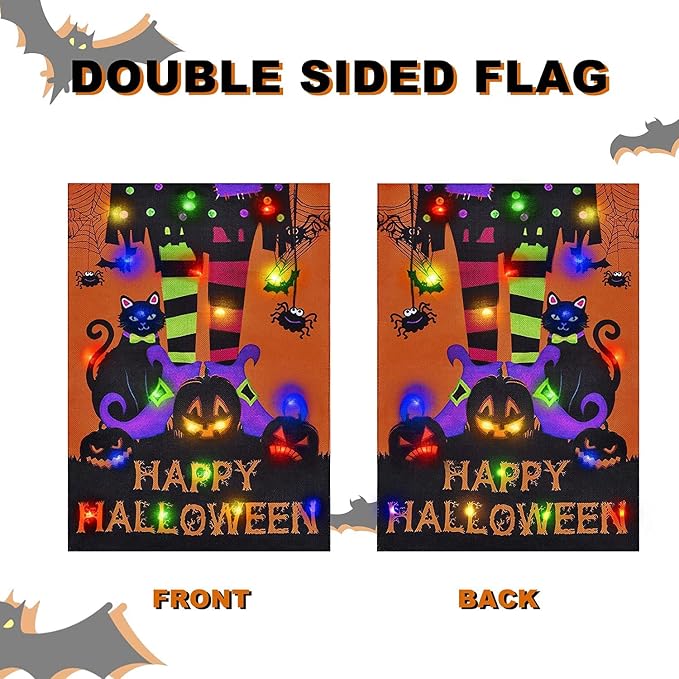 Halloween Lighted Garden Flag,Solar Outdoor Decor Yard Flag,8 Modes Led Witch Feet Shape Flag,12x18 Double Sided Cauldron Eyeball Black Cat Decorations for Home Porch