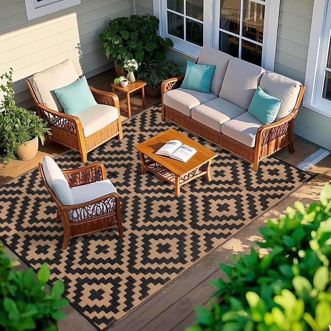Outdoor Patio Plastic Straw Rug - 5x8 ft Outdoor Camping Rug Waterproof Reversible, Area Carpet Patios RV, Outside Porch Balcony Deck for Camper, Black & Brown