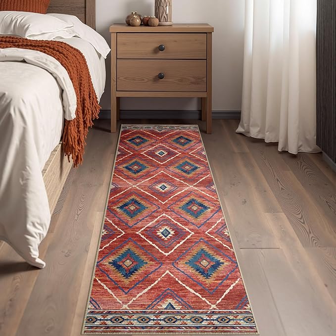 2'x10' Washable Area Rug for Living Room Runner Red/Orange | Soft Western No Slip Low Pile Print Foldable Indoor Small Rug for Kitchen entrance entryway hallway