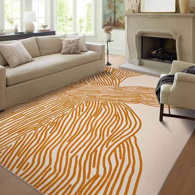 Orange Rug for Living Room, 6×9 Modern Abstract Area Rug, Geometric Contemporary Wave Striped Rugs for Playroom Nursery, Washable Nonslip Large Rug for Bedroom Dining Room
