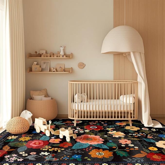 RELEANY Floral Washable 9x12 Area Rugs Black | Flower Carpet, Print, Boho, Non-Slip, Easy to Clean, Soft, Low Pile for Living Room Bedroom Kitchen Office Entryway Hallway