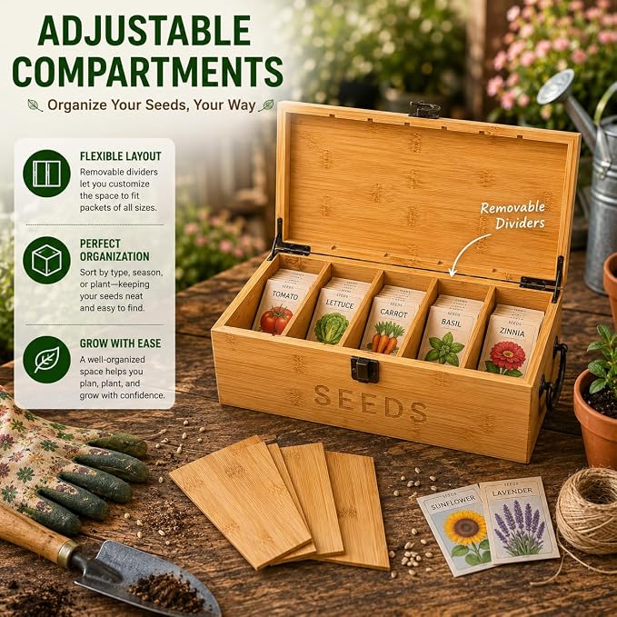 Bamboo Garden Seed Storage Organizer Box, Wooden Seed Box with Removable Dividers, Metal Handle and Latch, Seed Keeper Organizer for Garden Seed Packets and Storage (10.59 x 7 x 5.12 in)