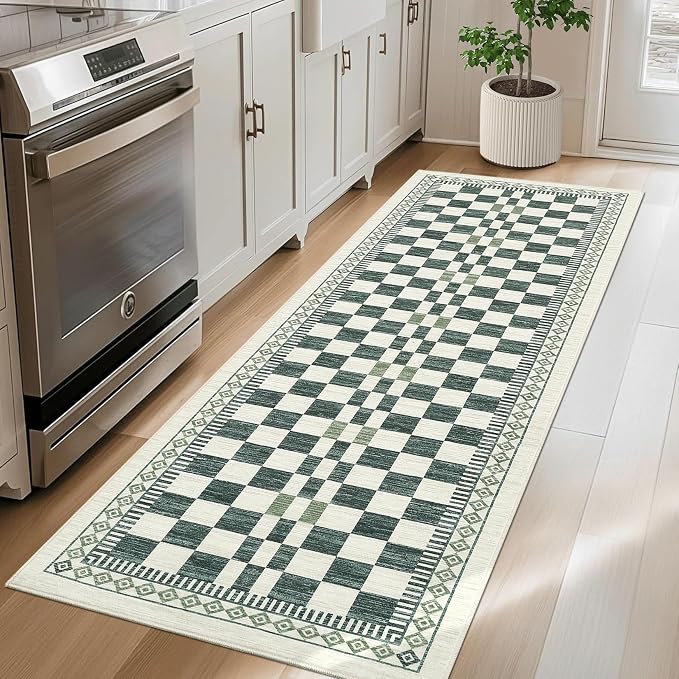GarveeHome 2x6 Runner Rug for Bathroom Modern Abstract Checkered Carpet | Contemporary Non-Slip Low Pile Throw Rugs Easy-Clean Sage Green Long Runners Premium Soft Area Rug for Kitchen Hallway