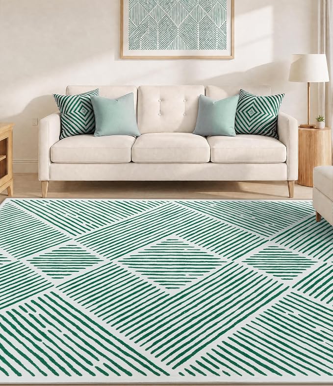 5‘x7' Washable Mid Century Modern Green Area Rug for Living Room | Non-Slip, Soft, Low Pile, Stain Resistant, Modern Geometric Stripe Rug for Bedroom Dining Room