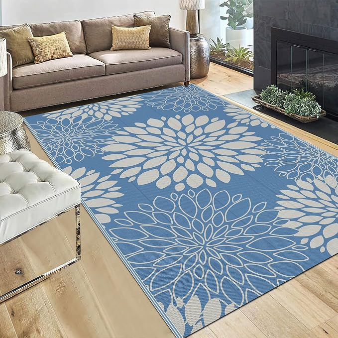 Ileading Waterproof Outdoor Rug 5x8, Reversible Plastic Straw Patio Rug, Portable Indoor Outdoor RV Camping Mat Carpet for Deck, Porch, Balcony, Backyard, Picnic, Floral Dusty Blue