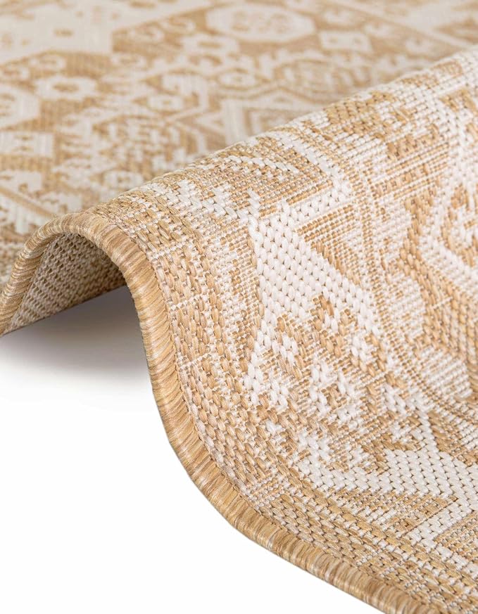 Unique Loom Outdoor Aztec Collection Area Rug - Chalca (5' 3" Round, Natural/ Ivory)