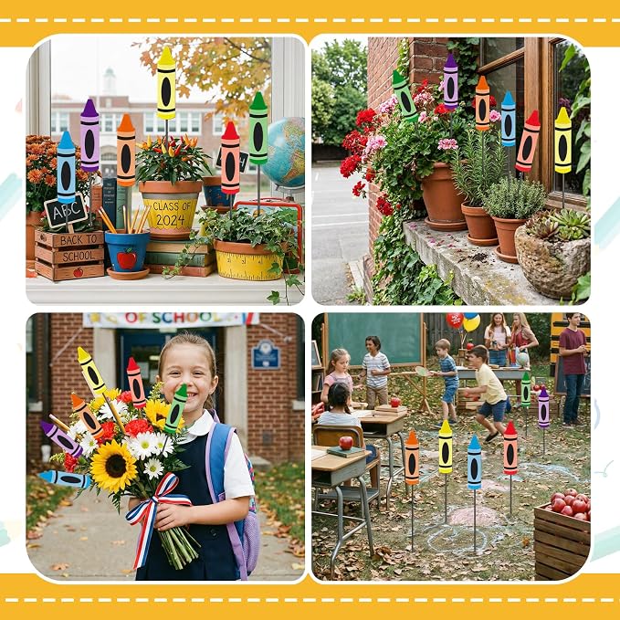 Pickmesh 6 Pcs 12'' H Back to School Decorations Crayon Metal Yard Signs Large Preschool Yard Lawn Outdoor Decor Crayon Party Photo Props for Classroom First Day of School Decor