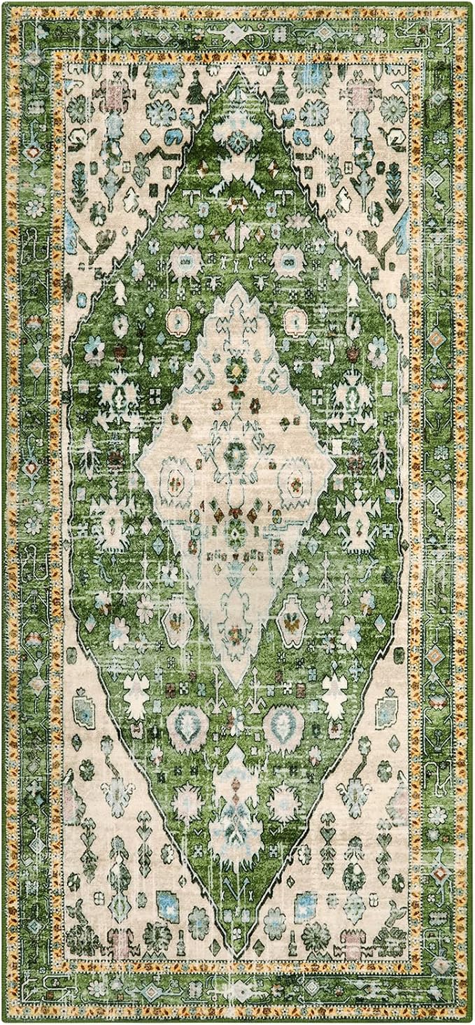 Lahome Felice Boho Tribal Runner Rug - 2x4.3 Green Bohemian Kitchen Runners Small Bedroom Rugs, Distressed Soft Washable Non Slip Throw Carpet Runner for Door Mat Laundry Room Bathroom Office Decor