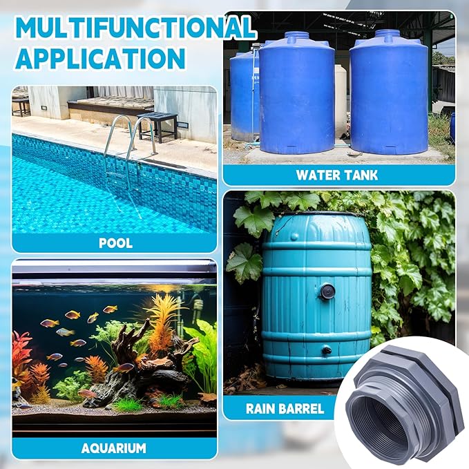 2 Pcs 4 Inch Bulkhead Fitting PVC Water Tank Connector Plumbing Pipe Threaded Bulkhead Fitting NPT for Rain Barrels, Water Tanks, Aquariums, Tubs, Pools