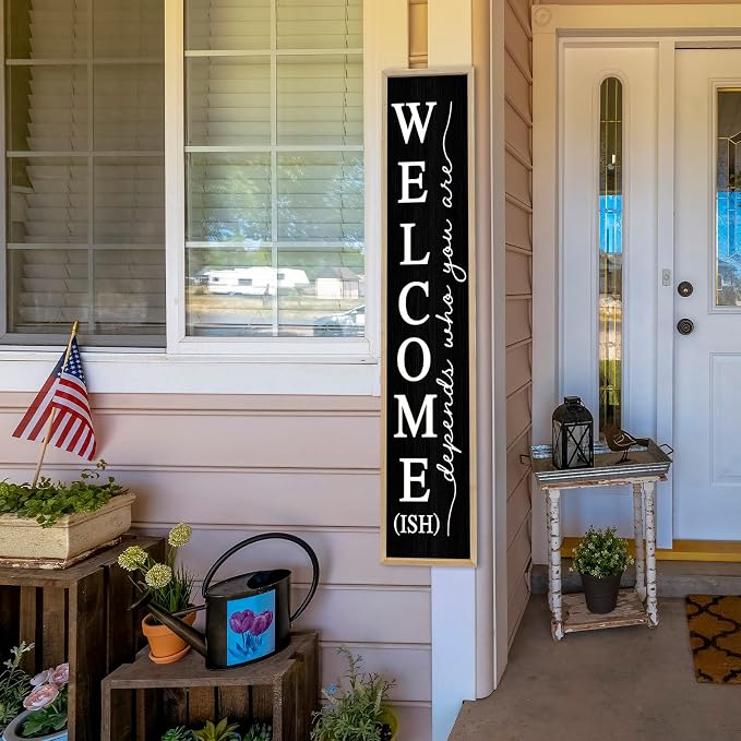 Welcome-ish Sign for Front Porch Standing 45"X9" Large Vertical Leaner Rustic Funny Wooden Framed Outdoor Wall Decor (Wood Black)