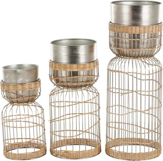 Deco 79 Metal Indoor Planter Textured Dome Large Planter Pot with Woven Rattan and Caged Rod Pedestal Base, Set of 3 Planters 30", 23", 18" H, Silver