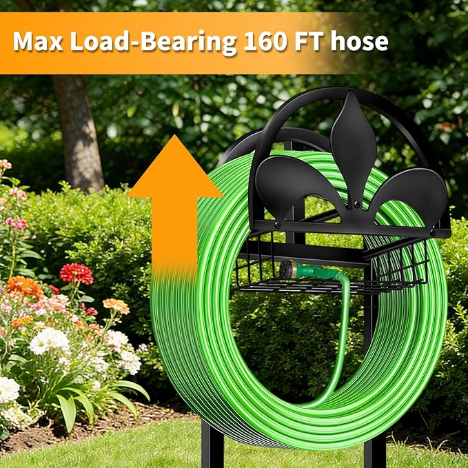 Garden Hose Holder, Water Hose Holders Stand Holds 160-Feet Freestanding Hose Reel Storage Hanger Rack for Outside Yard Lawn Farm