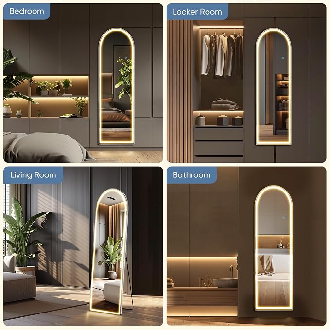 16"x60" Arched LED Full Length Mirror with Stand, Full Body Mirror | LED Lights 3 Color Lighting, Wall Hanging or Leaning, Floor Standing, Modern Simple Home Wall Decor