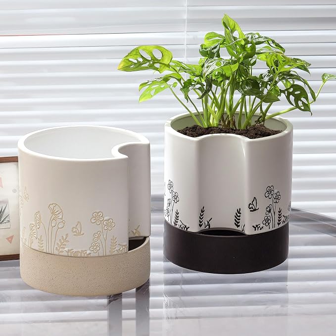 Nihow Self Watering Pots for Indoor Plants,8 Inch,White,Hand Painting | Ceramic Planter, Drainage Hole & Water Storage Plus, Cylinder Round Flower Pot, For Succulent/Herbs/Violets