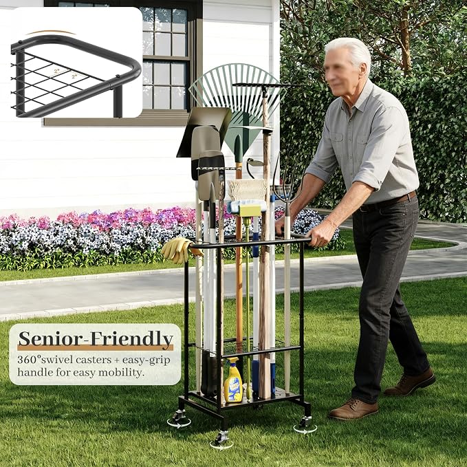 Garden Tool Organizer with Wheels, Heavy Duty Metal Garage Tool Storage Rack, Yard Tool Holder for Long-Handled Tools, Rakes and Brooms, Indoor and Outdoor Use for Shed, Patio
