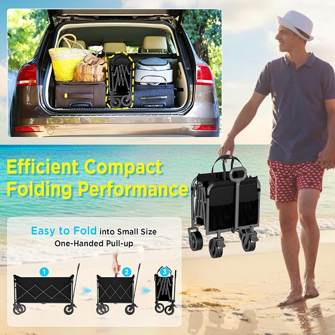 Wagons Carts Foldable, Beach Wagon with Brakes & All-Terrain Wheels 560LBS Capacity Collapsible Wagon for Trips, Outdoor Camping, Sports & Garden Use