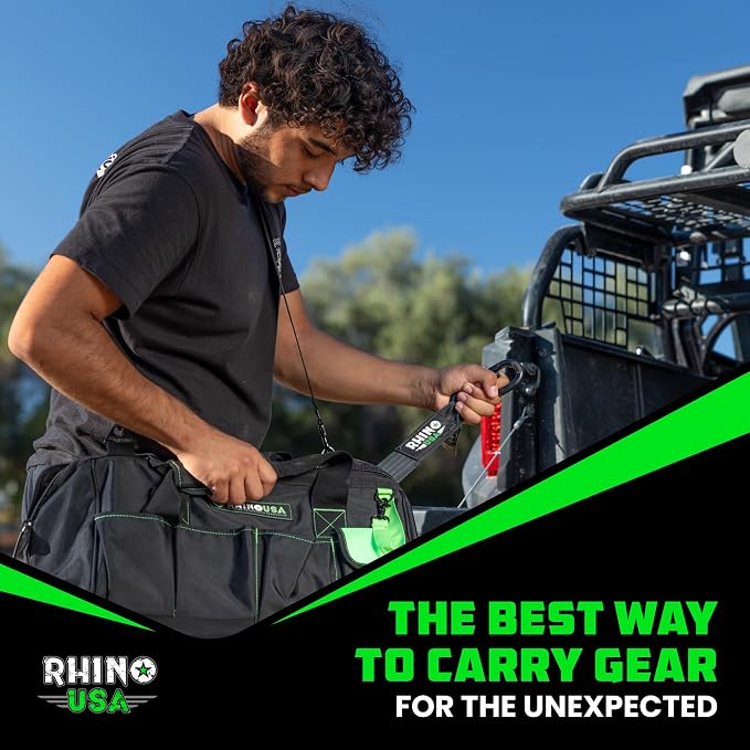 Rhino USA Tool Bag (18-Inch) Heavy Duty Wide Mouth Tool Tote with Zipper for Men - Large Tools Bags with Extra Side Storage Pockets, Reinforced Shoulder Strap & Upgraded Metal Clips (Black)