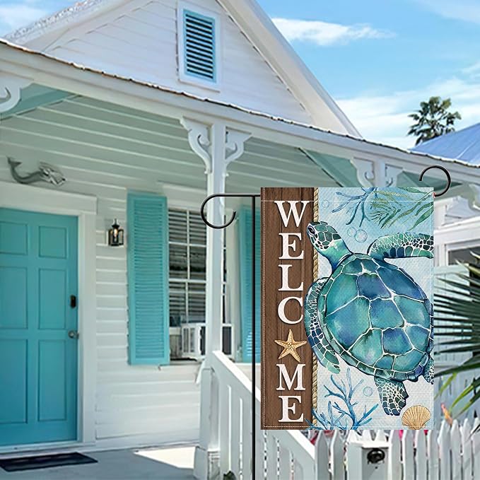 Artofy Welcome Summer Beach Sea Turtle Small Decorative Garden Flag, Coastal Ocean Farmhouse Yard Lawn Outside Decor, Spring Nautical Starfish Coral Burlap Outdoor Home Decoration Double Sided 12 x 18