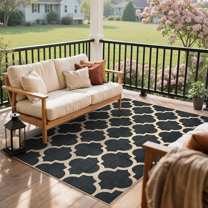 Lahome Moroccan 3x5 Outdoor Rug, Easy Jute Black Washable Rug for Entryway Front Porch, Geometric Trellis Woven Non Slip Door Mat for Entrance, Thin Non Shedding Farmhouse Throw Rugs for Balcony